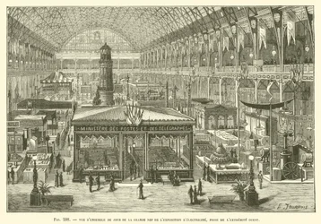 Gesamtansicht bei Tag der großen Halle der Elektrizitätsausstellung, vom westlichen Ende aus gesehen